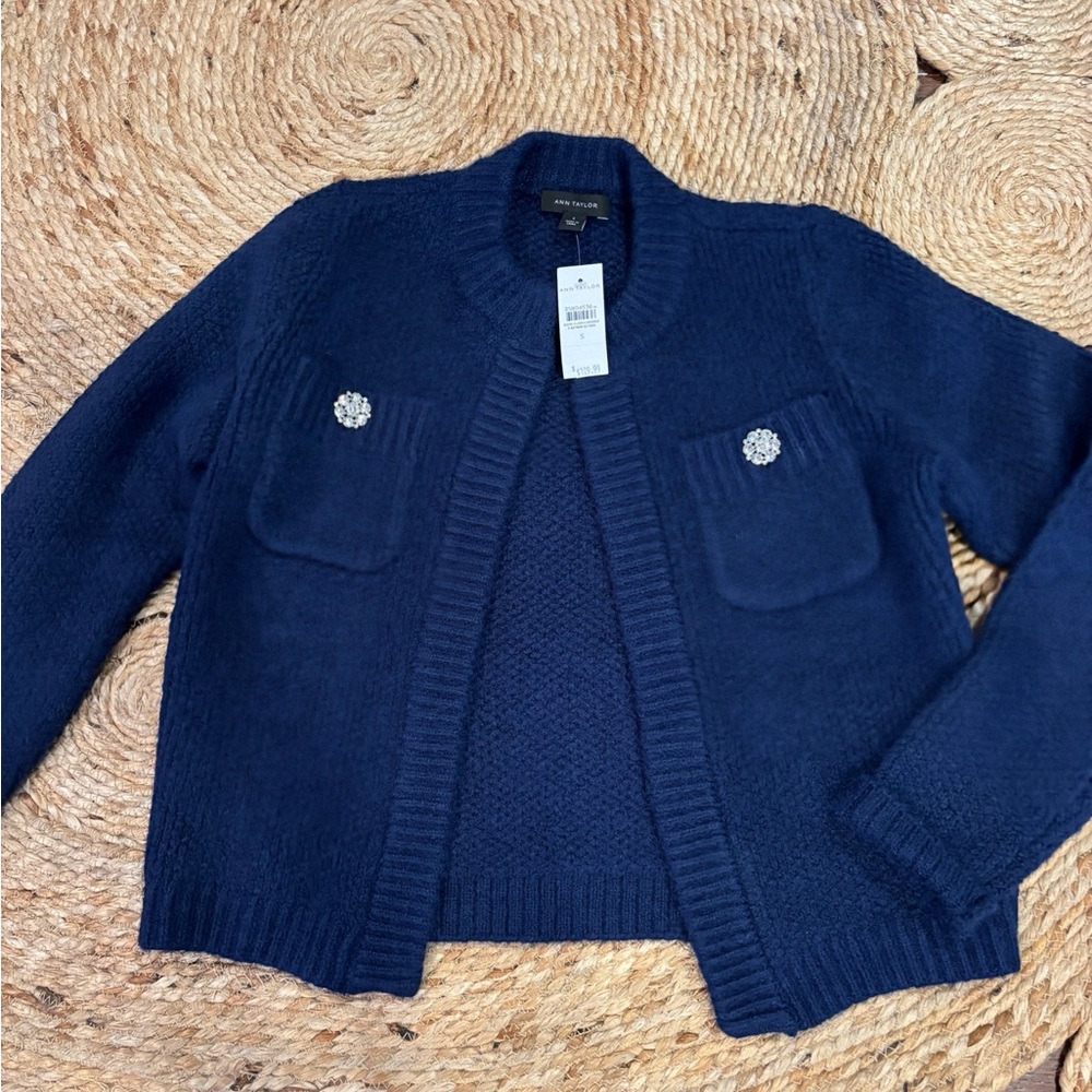 Ann Taylor New Blue Knit Sweater Jacket with Jeweled Button Pockets - Picture 4 of 7